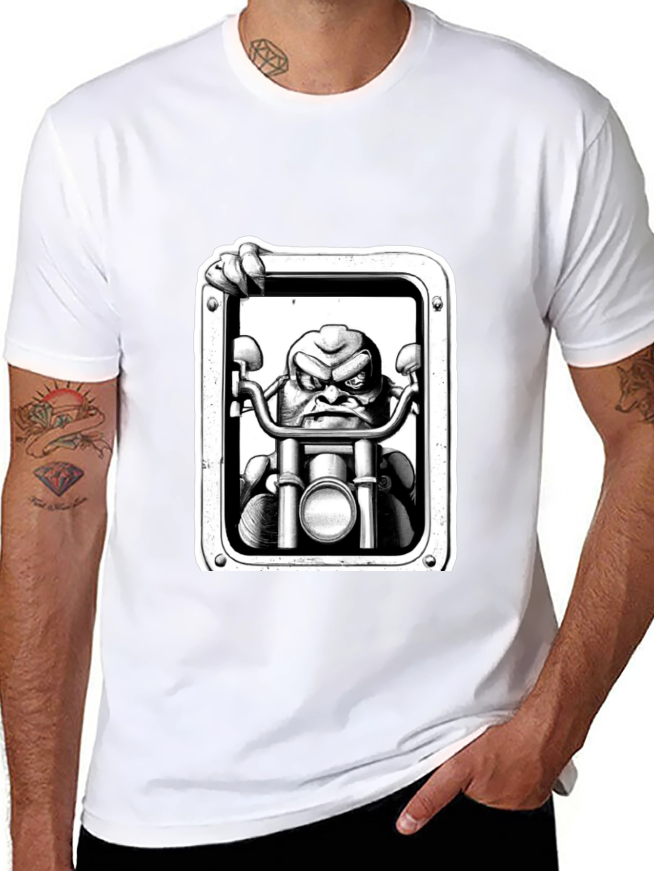 Biker Cartoon Graphic Tee - Black Cotton T-Shirt