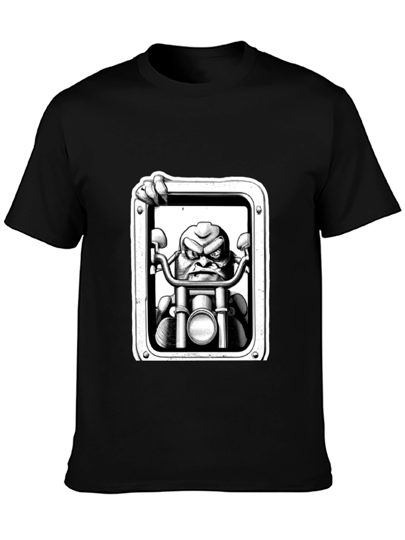 Biker Cartoon Graphic Tee - Black Cotton T-Shirt