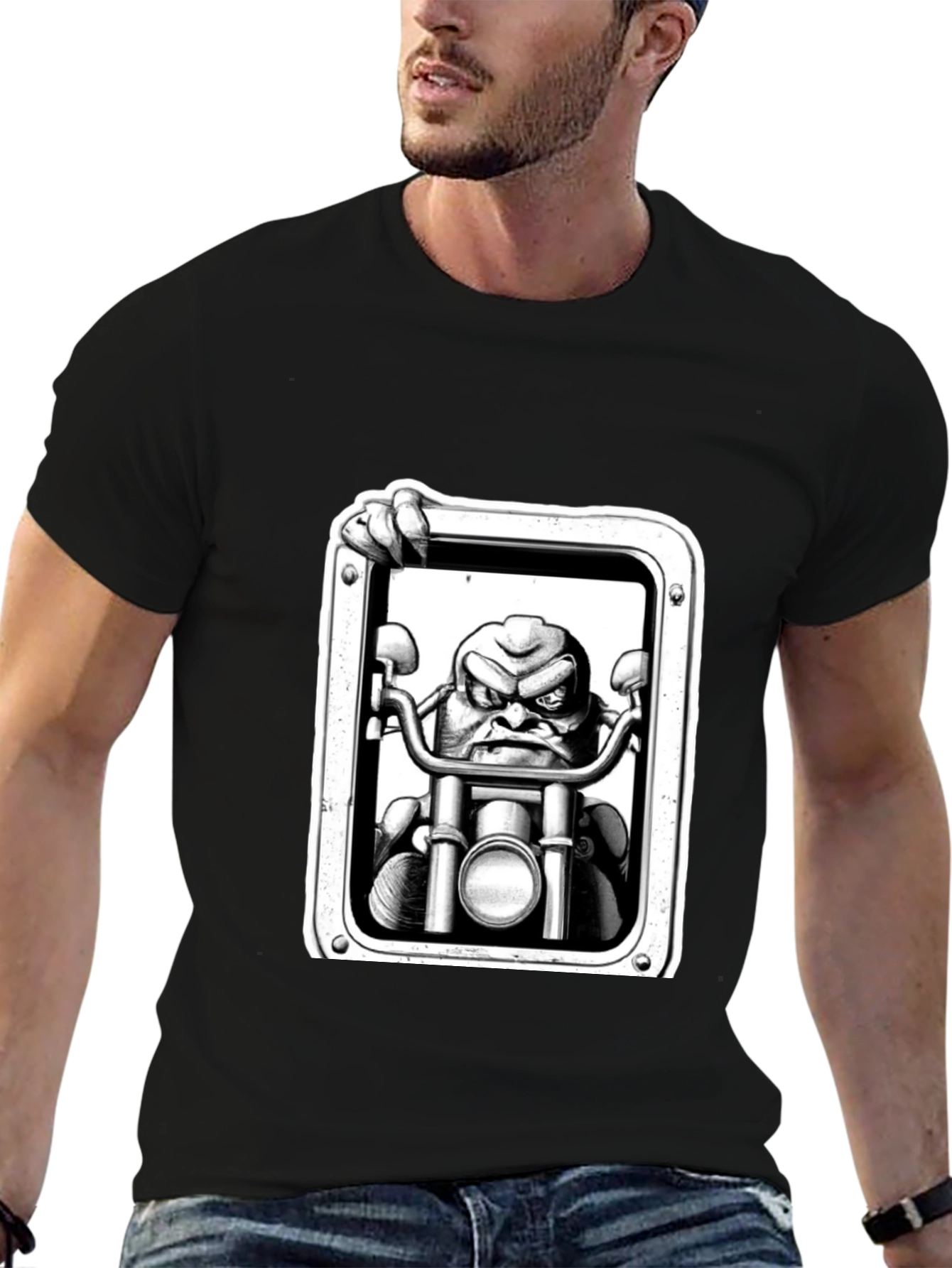 Biker Cartoon Graphic Tee - Black Cotton T-Shirt