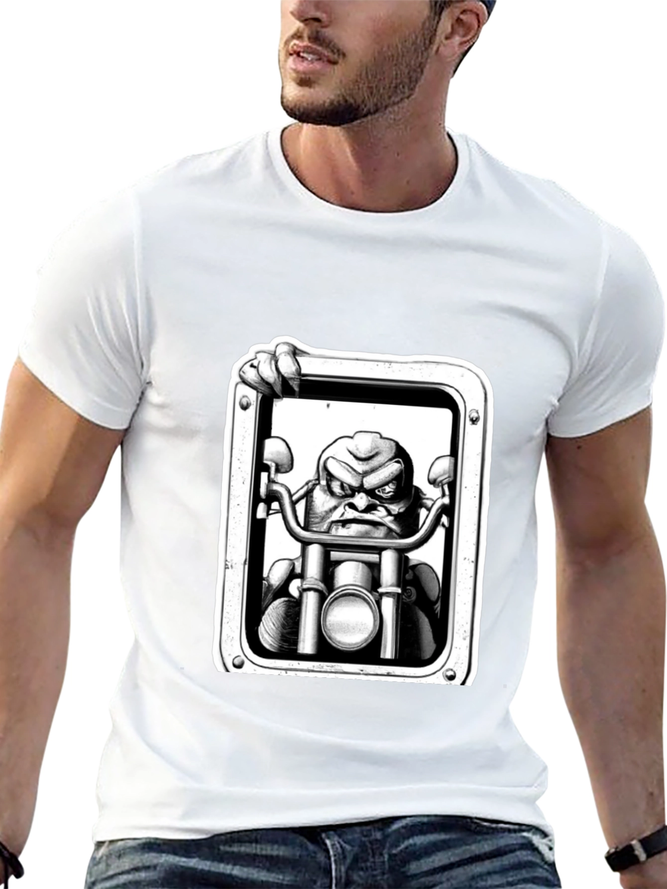 Biker Cartoon Graphic Tee - Black Cotton T-Shirt