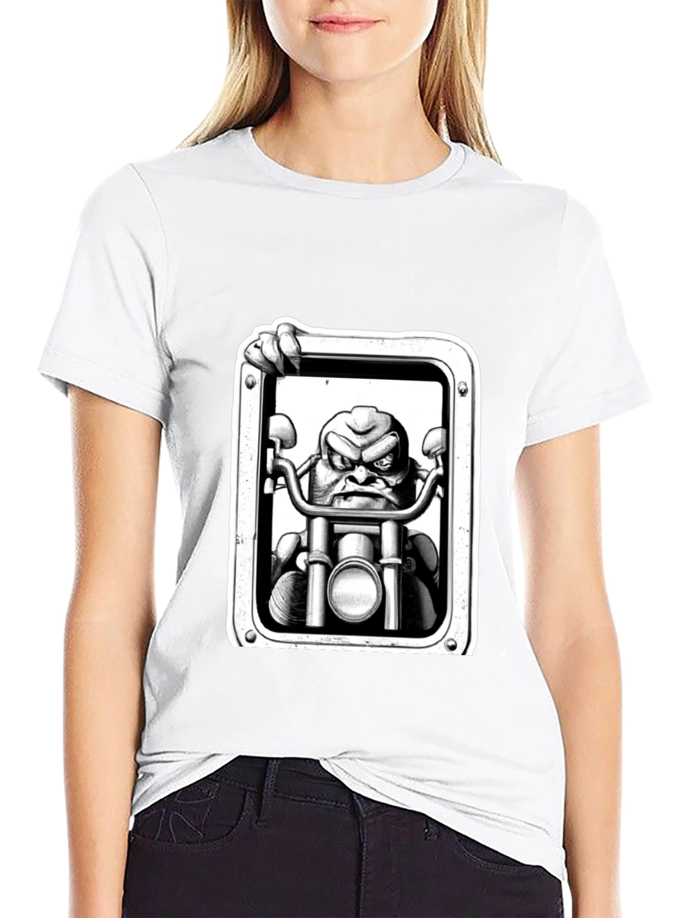 Biker Cartoon Graphic Tee - Black Cotton T-Shirt