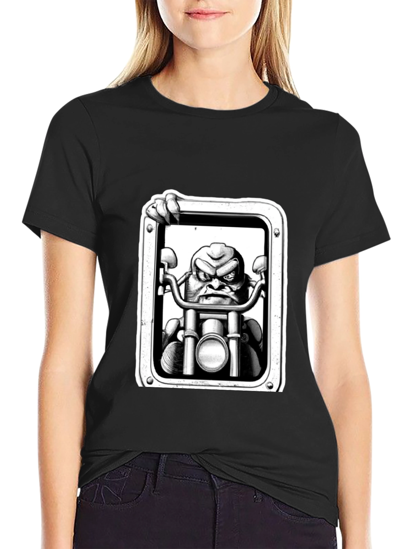 Biker Cartoon Graphic Tee - Black Cotton T-Shirt