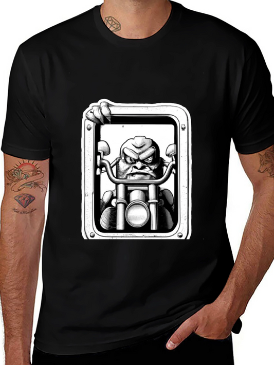 Biker Cartoon Graphic Tee - Black Cotton T-Shirt