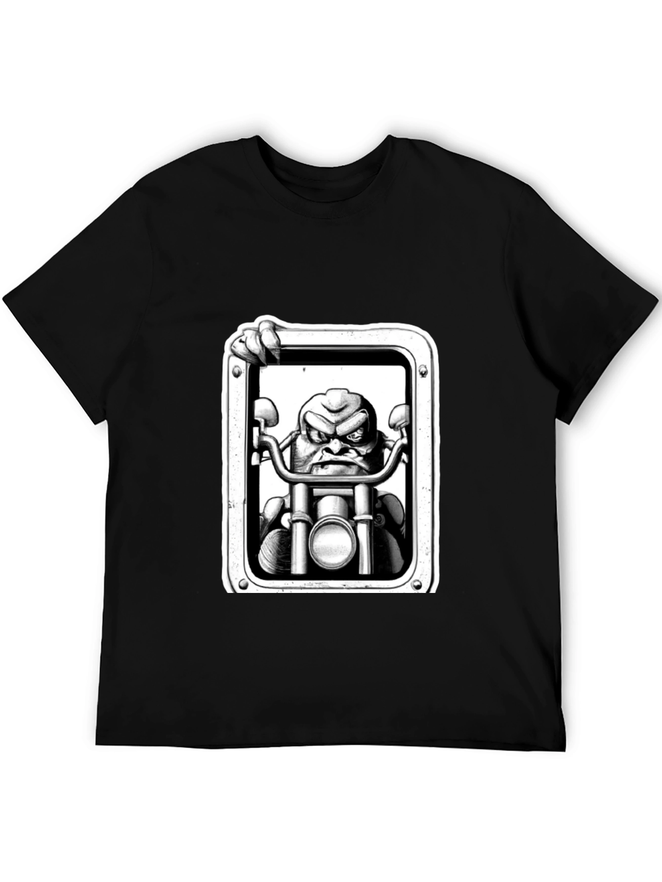 Biker Cartoon Graphic Tee - Black Cotton T-Shirt