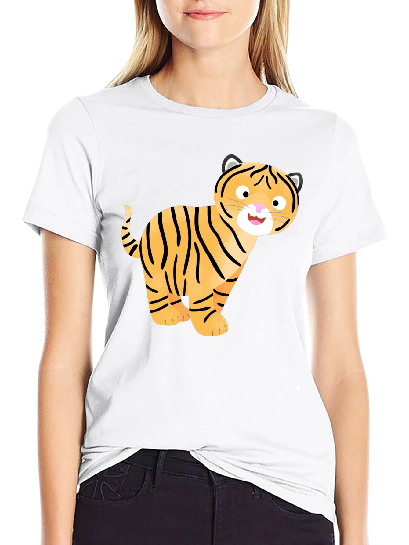 Cute Cartoon Tiger Graphic T-Shirt - Black
