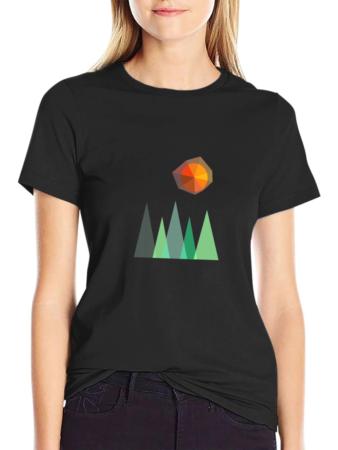 Geometric Mountain & Sun Graphic T-Shirt - Black