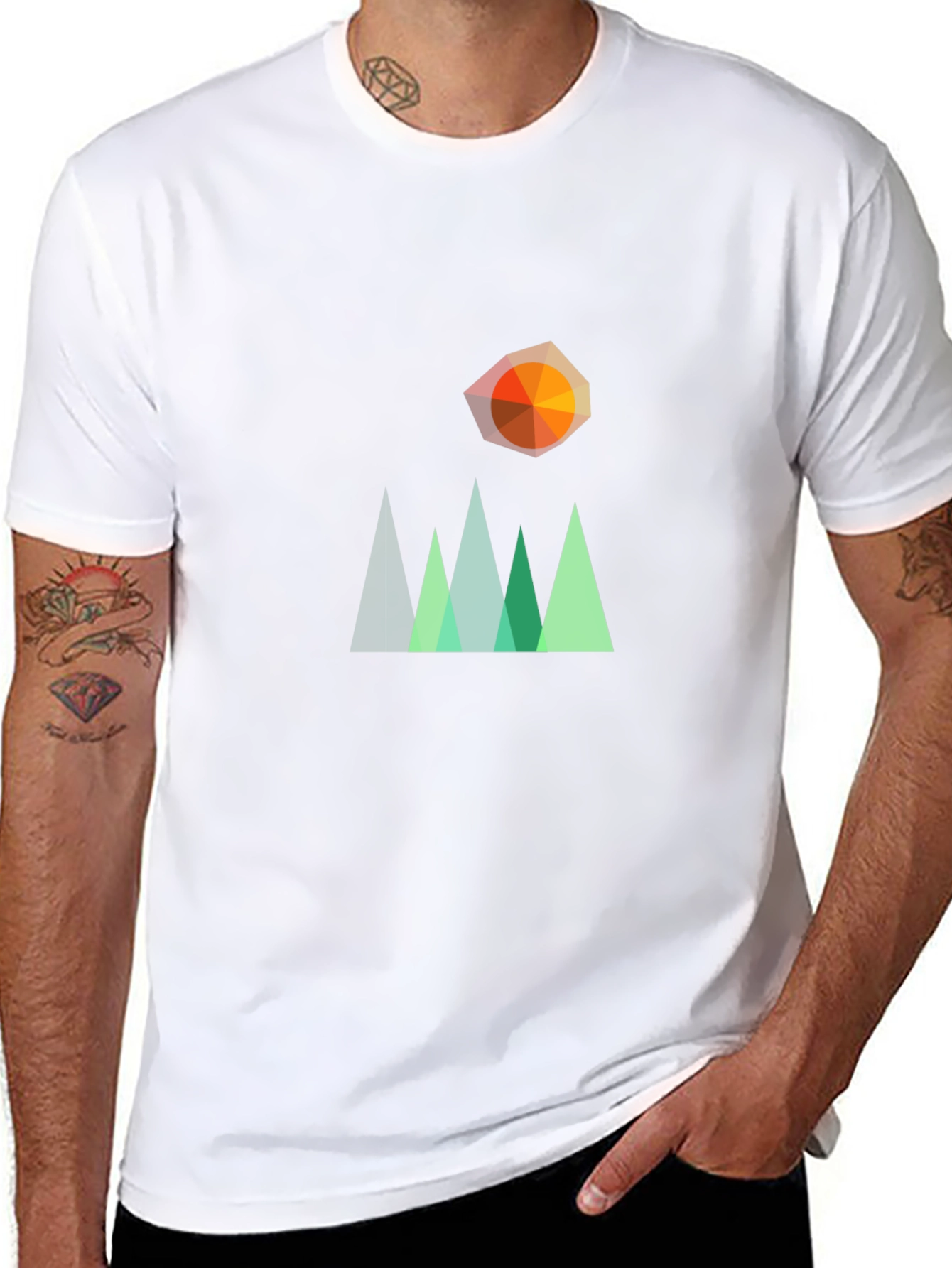 Geometric Mountain & Sun Graphic T-Shirt - Black