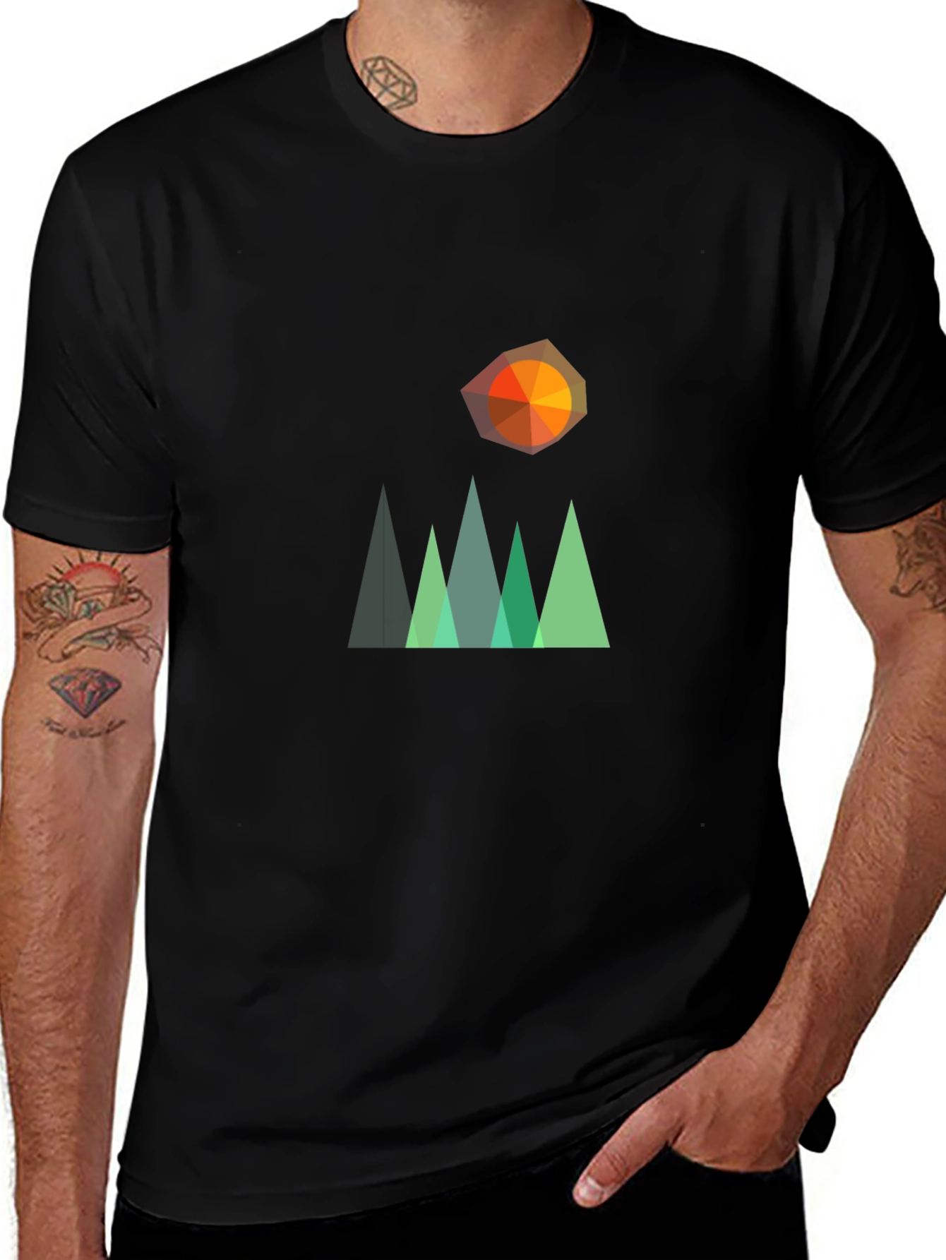 Geometric Mountain & Sun Graphic T-Shirt - Black