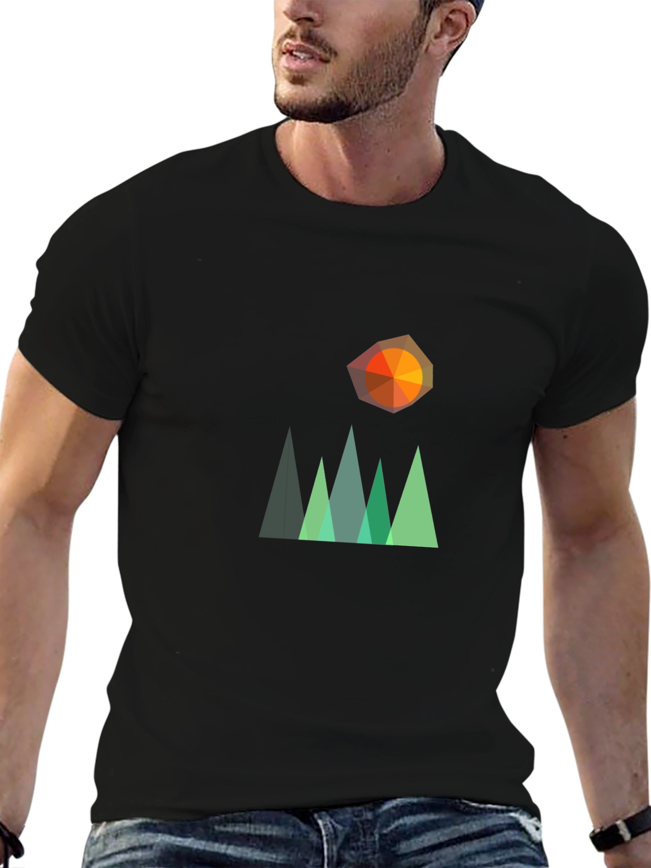 Geometric Mountain & Sun Graphic T-Shirt - Black