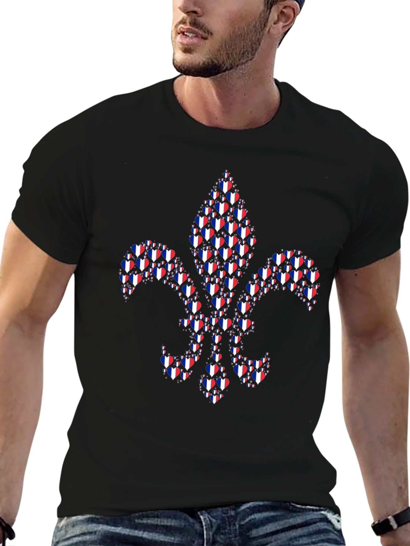 Fleur-de-Lis Heart Pattern Black T-Shirt
