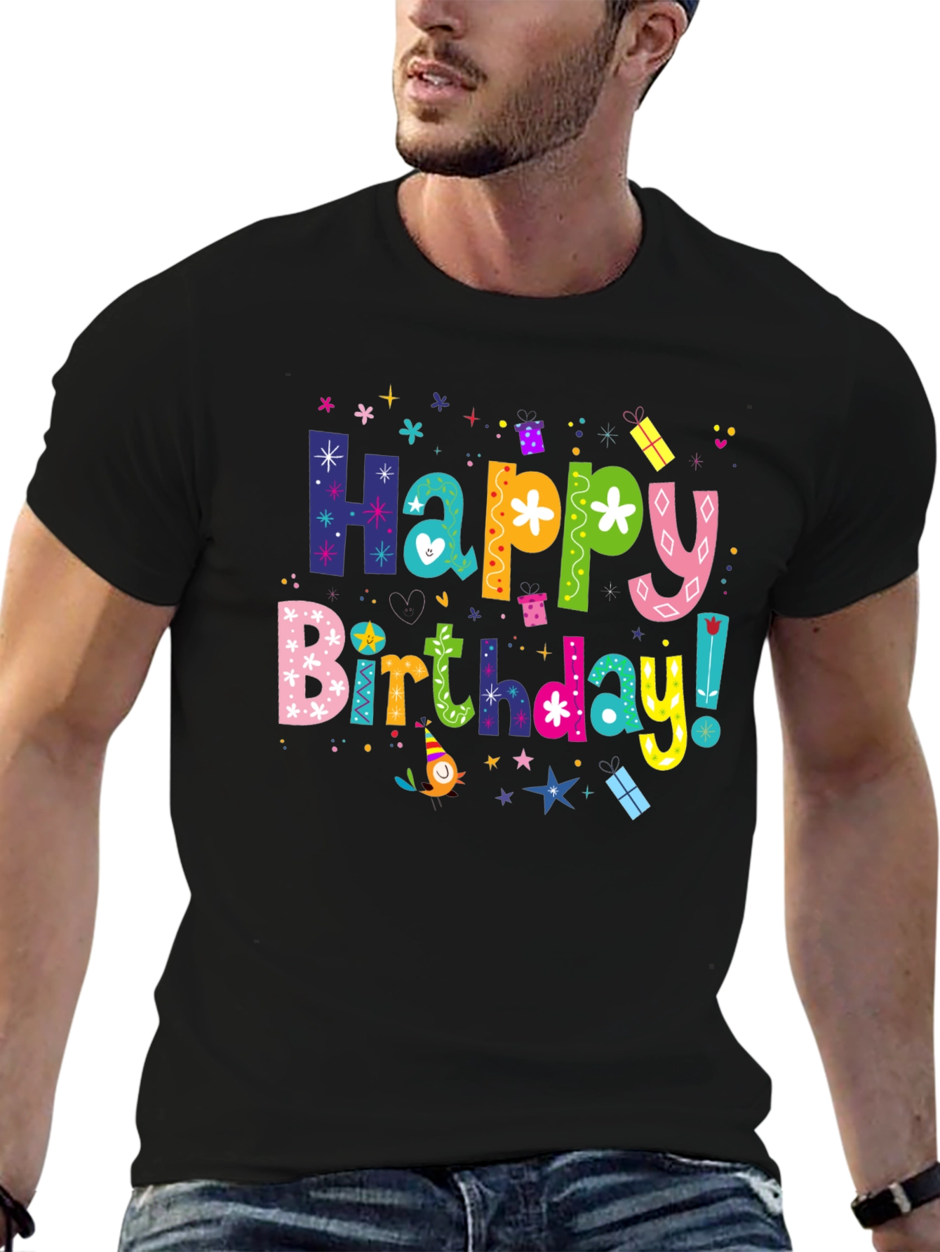 Happy Birthday Graphic Tee - Black Cotton