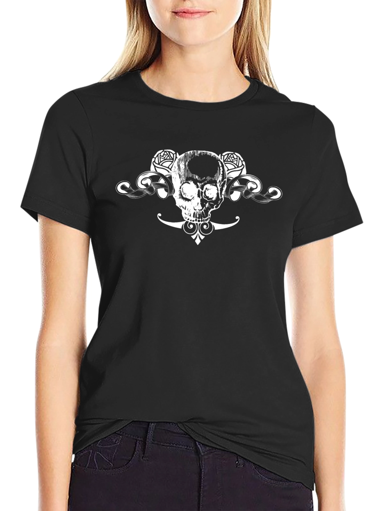 Skull & Roses Graphic Tee - Black Cotton T-Shirt