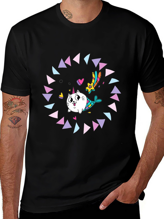 Unicorn Cat Mermaid Graphic Tee - Black Cotton T-Shirt