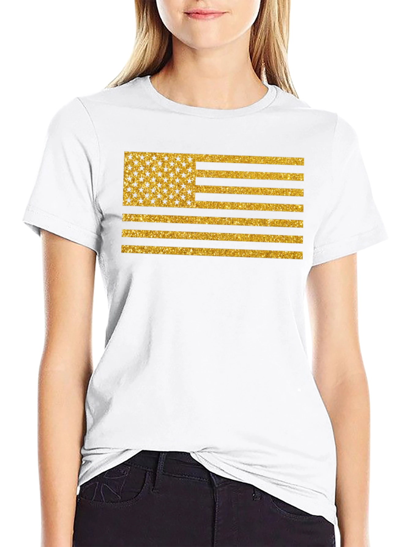 Gold Glitter American Flag Graphic Tee