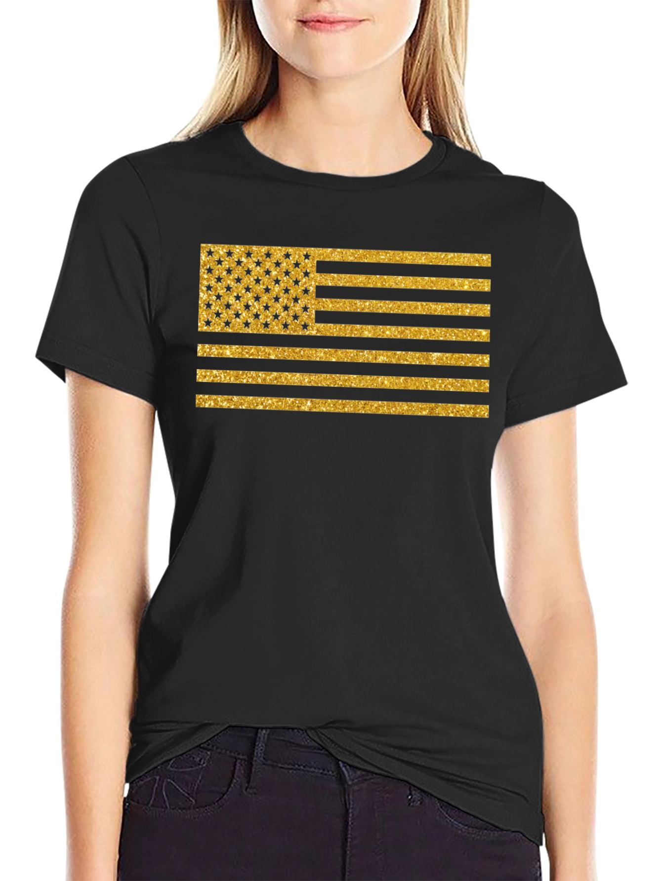 Gold Glitter American Flag Graphic Tee