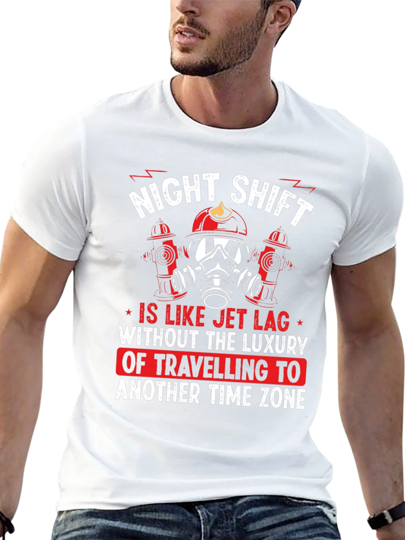 Night Shift Firefighter T-Shirt - Jet Lag Humor