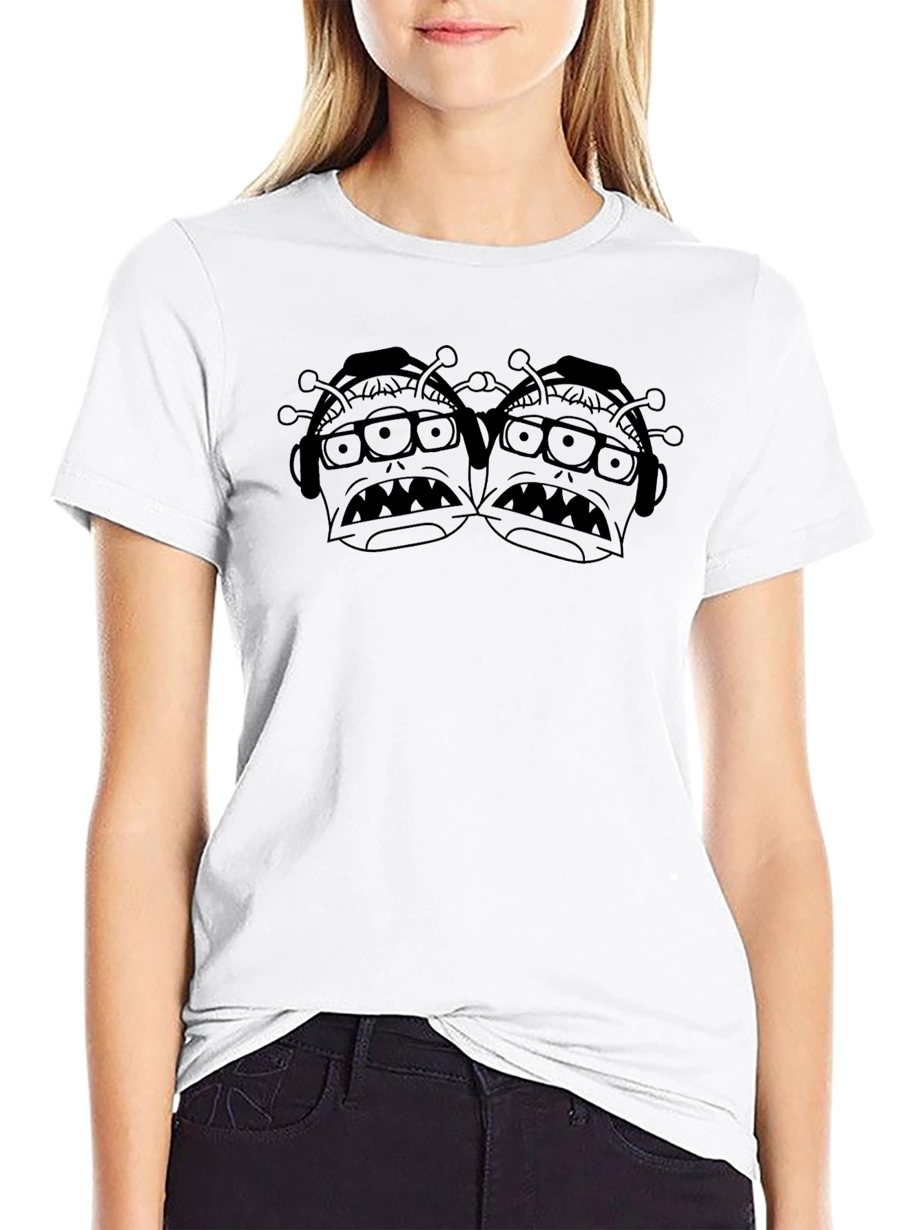 Mens Black T-Shirt with Cartoon Alien Print