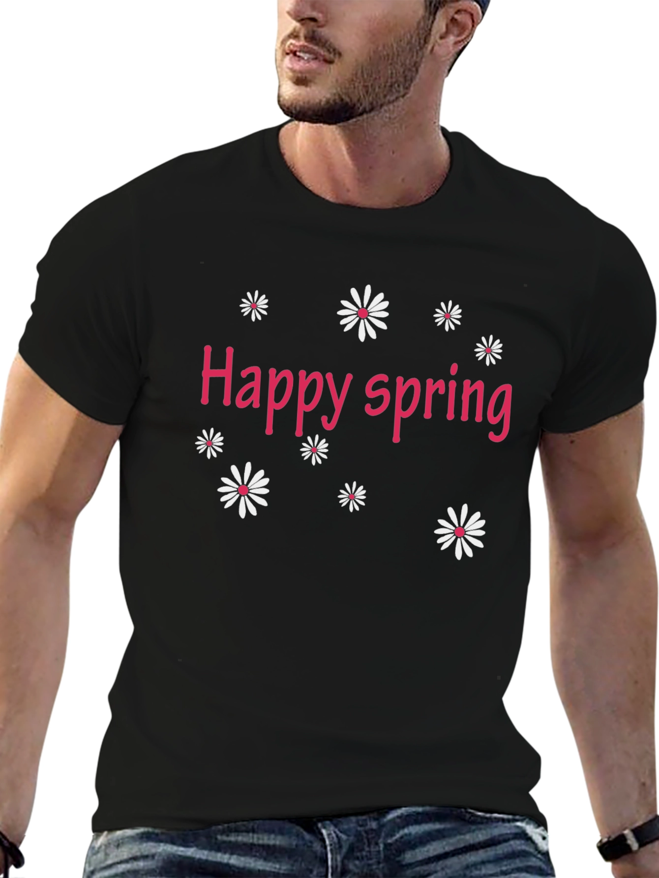 Happy Spring Black T-Shirt - Floral Design