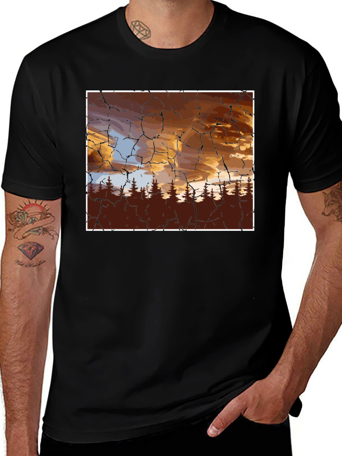 Sunset Forest Graphic Tee - Unique Crackle Design