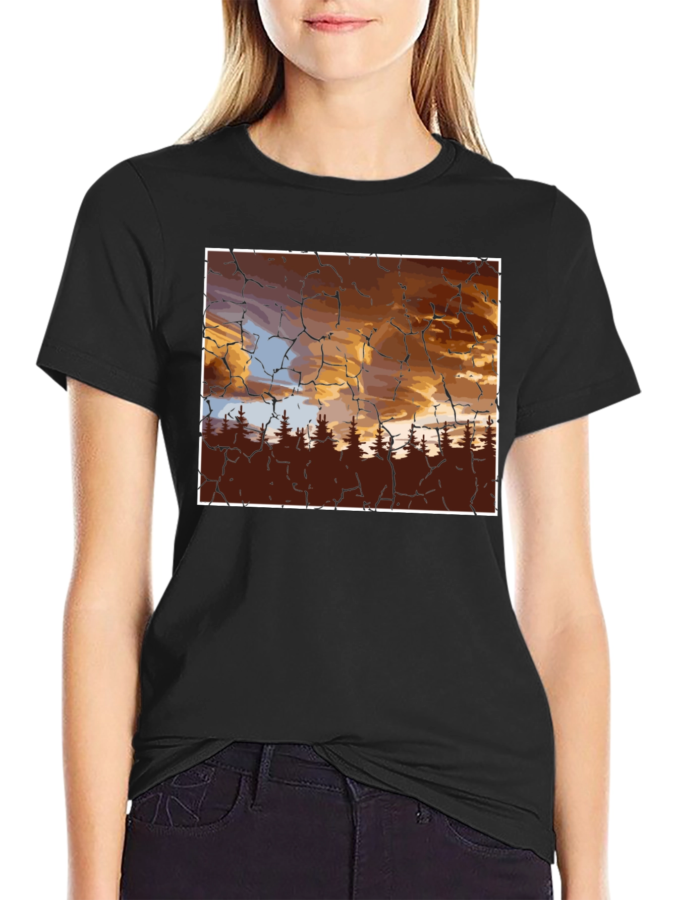 Sunset Forest Graphic Tee - Unique Crackle Design
