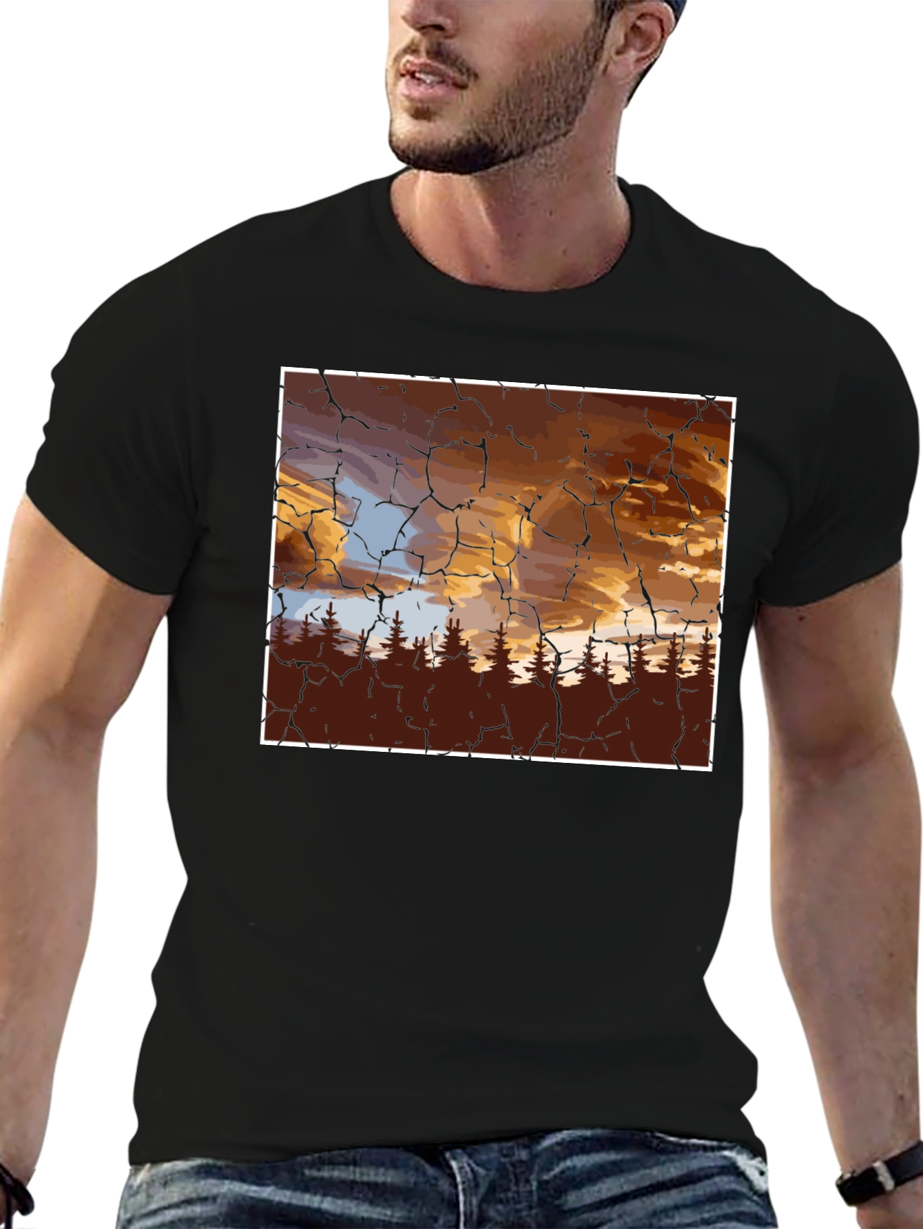 Sunset Forest Graphic Tee - Unique Crackle Design