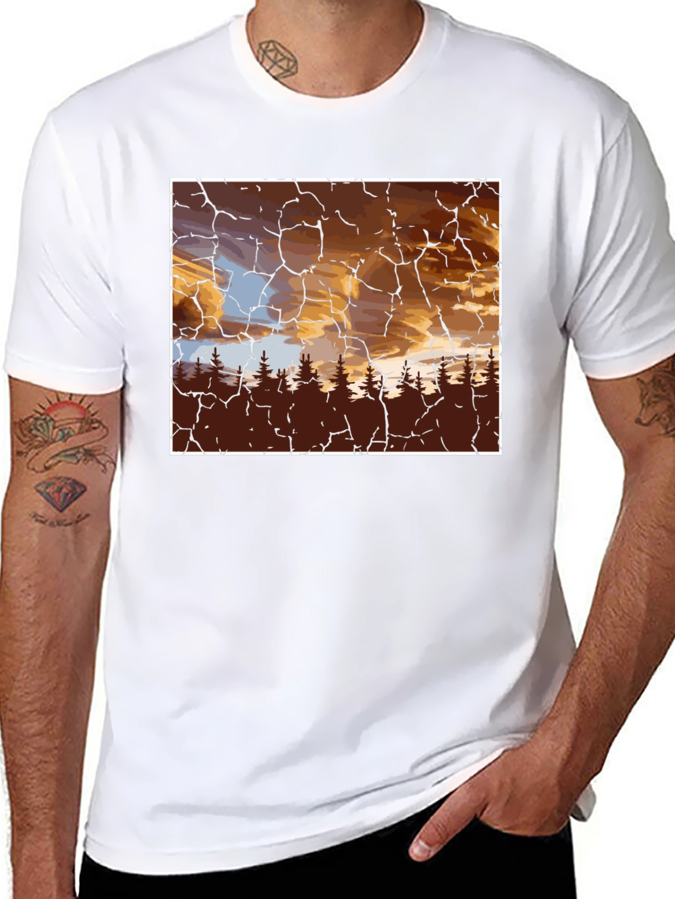 Sunset Forest Graphic Tee - Unique Crackle Design