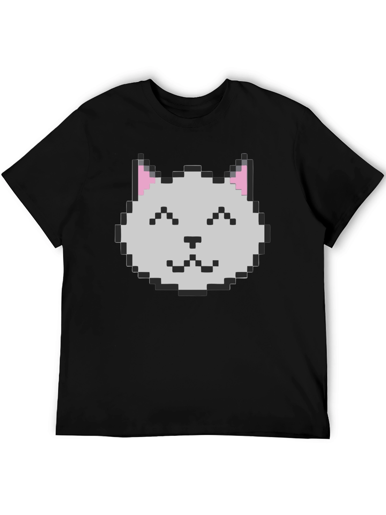 Pixel Cat Graphic Tee - Black Cotton Casual Shirt