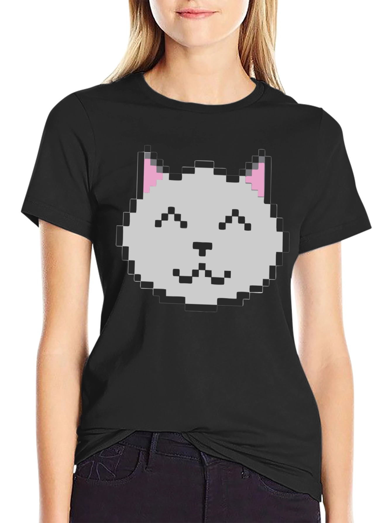 Pixel Cat Graphic Tee - Black Cotton Casual Shirt
