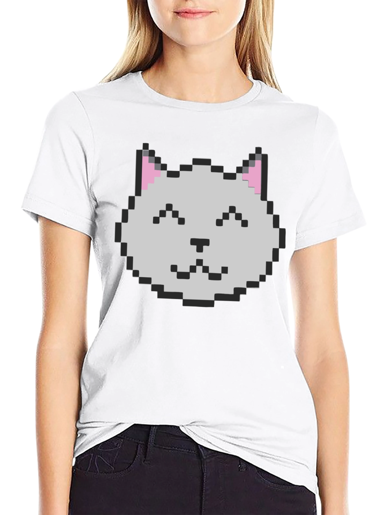 Pixel Cat Graphic Tee - Black Cotton Casual Shirt