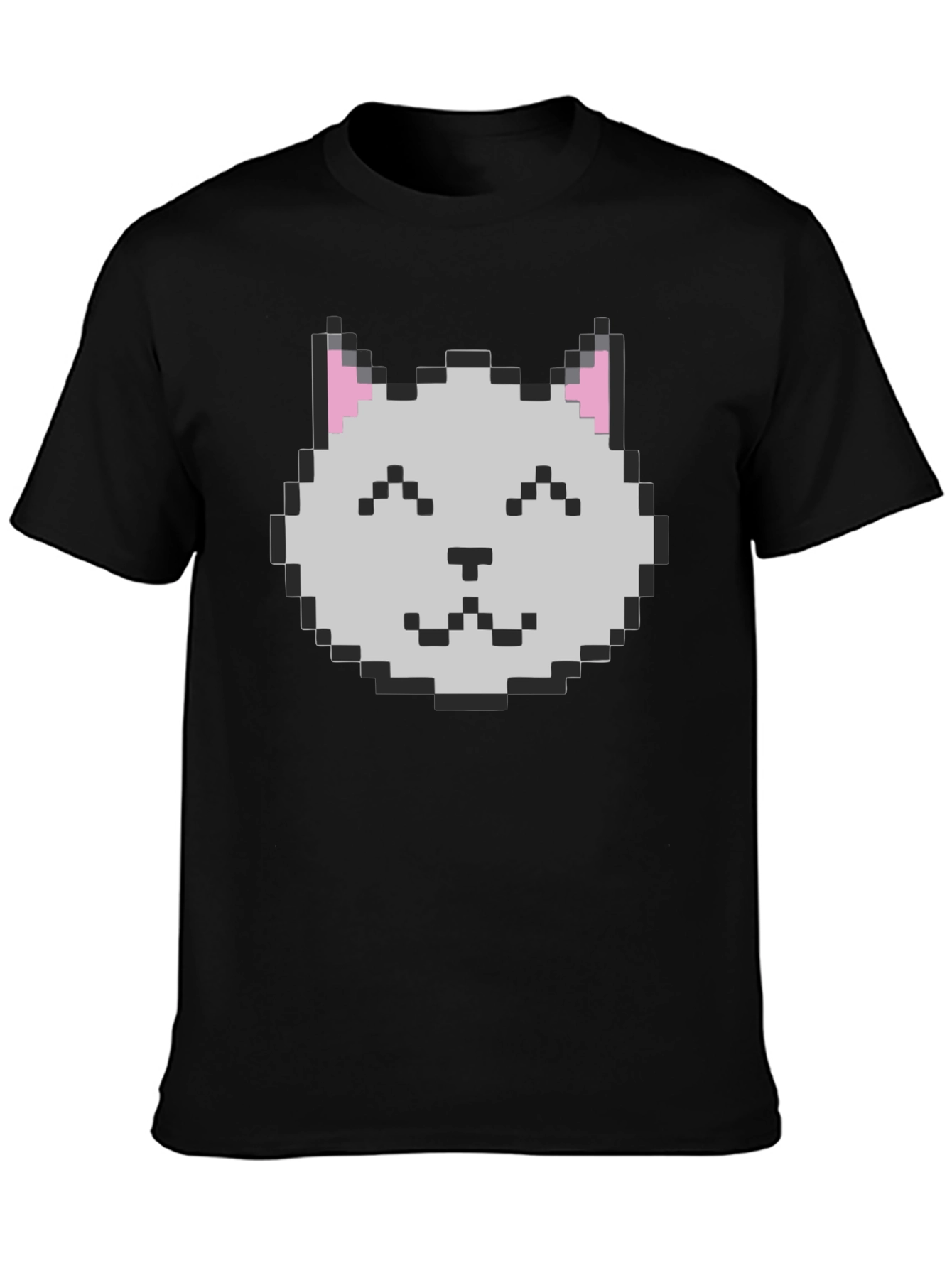 Pixel Cat Graphic Tee - Black Cotton Casual Shirt