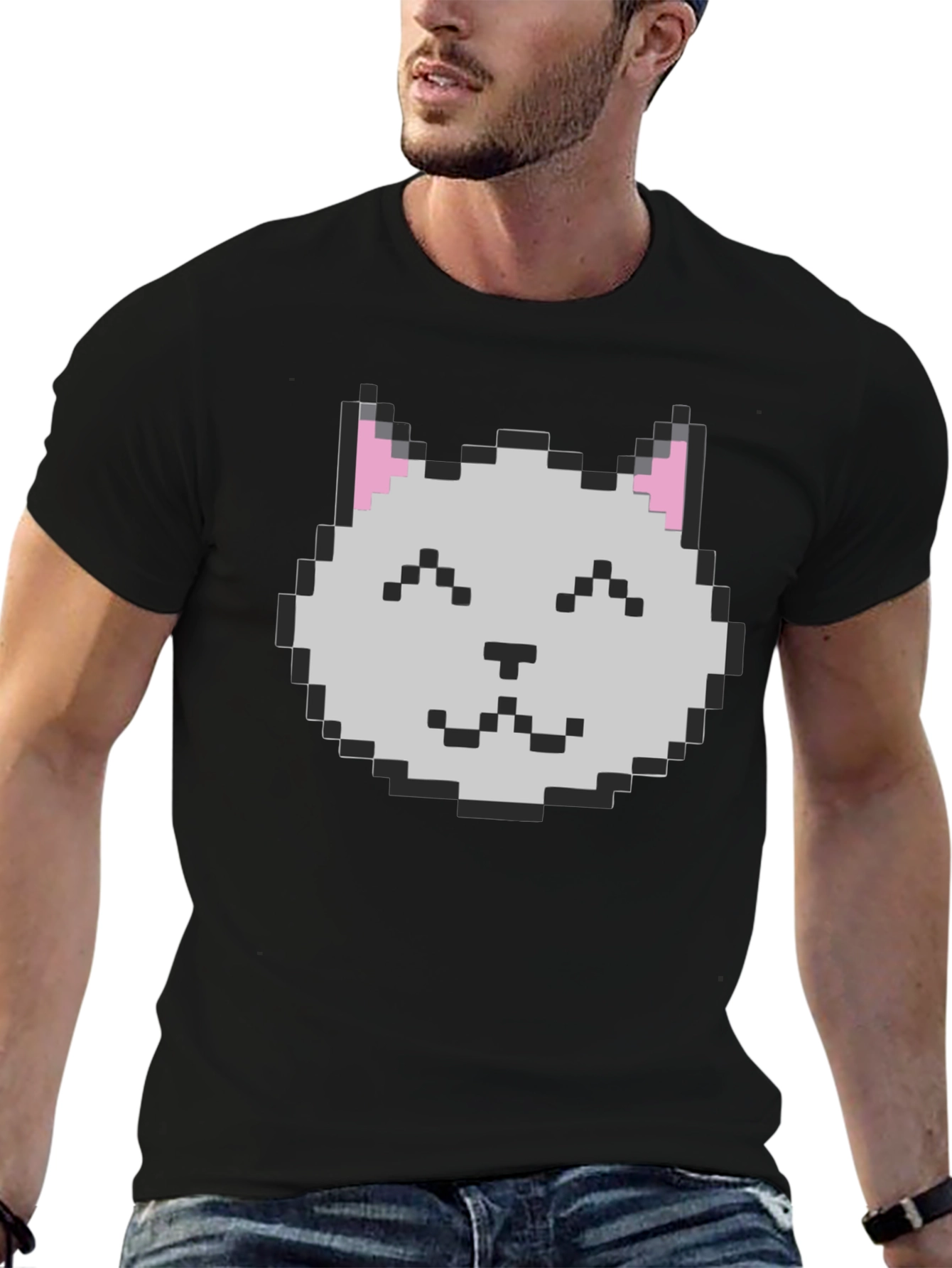 Pixel Cat Graphic Tee - Black Cotton Casual Shirt