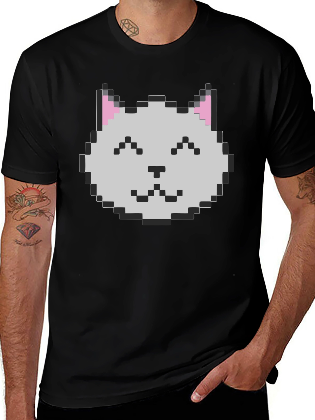 Pixel Cat Graphic Tee - Black Cotton Casual Shirt