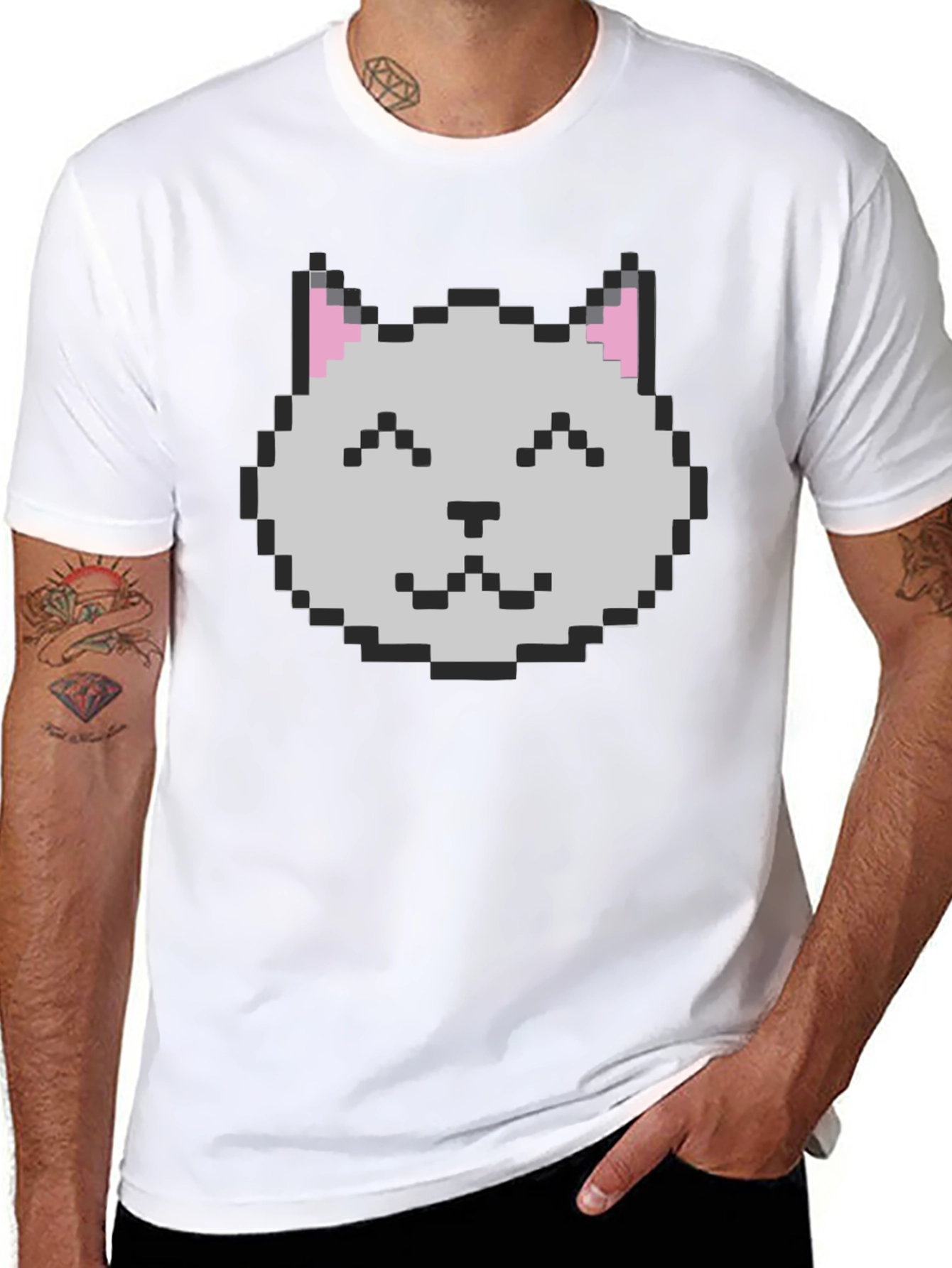 Pixel Cat Graphic Tee - Black Cotton Casual Shirt