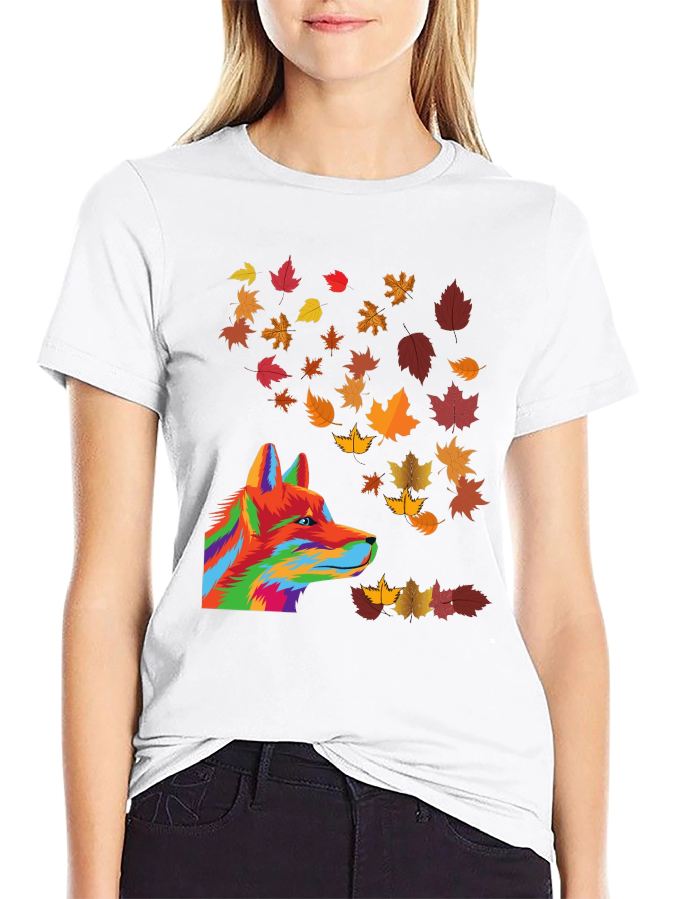 Abstract Fox & Autumn Leaves Graphic T-Shirt