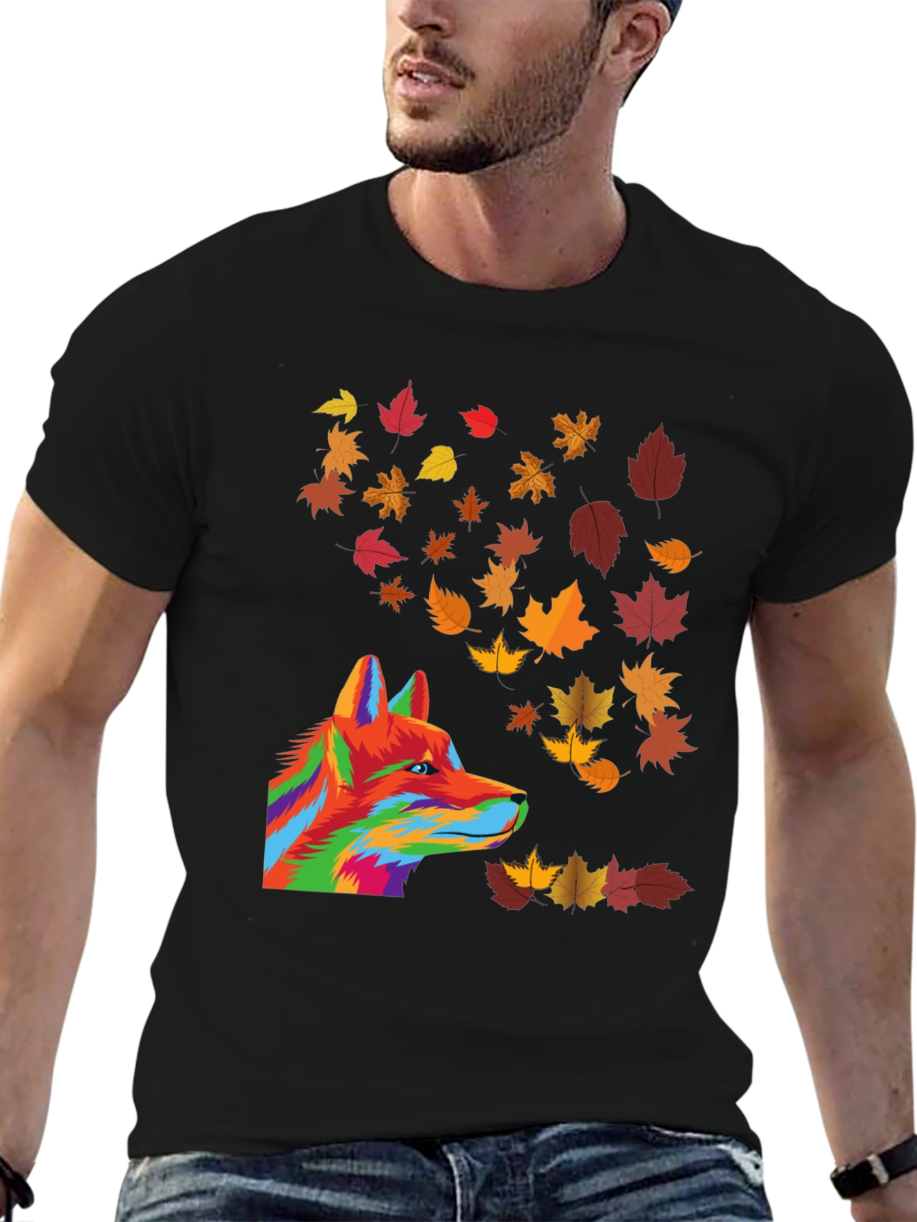 Abstract Fox & Autumn Leaves Graphic T-Shirt