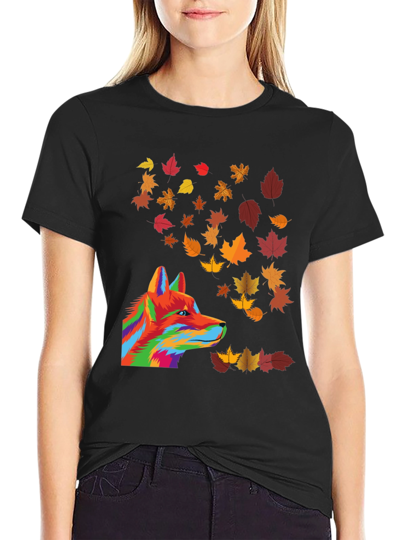 Abstract Fox & Autumn Leaves Graphic T-Shirt