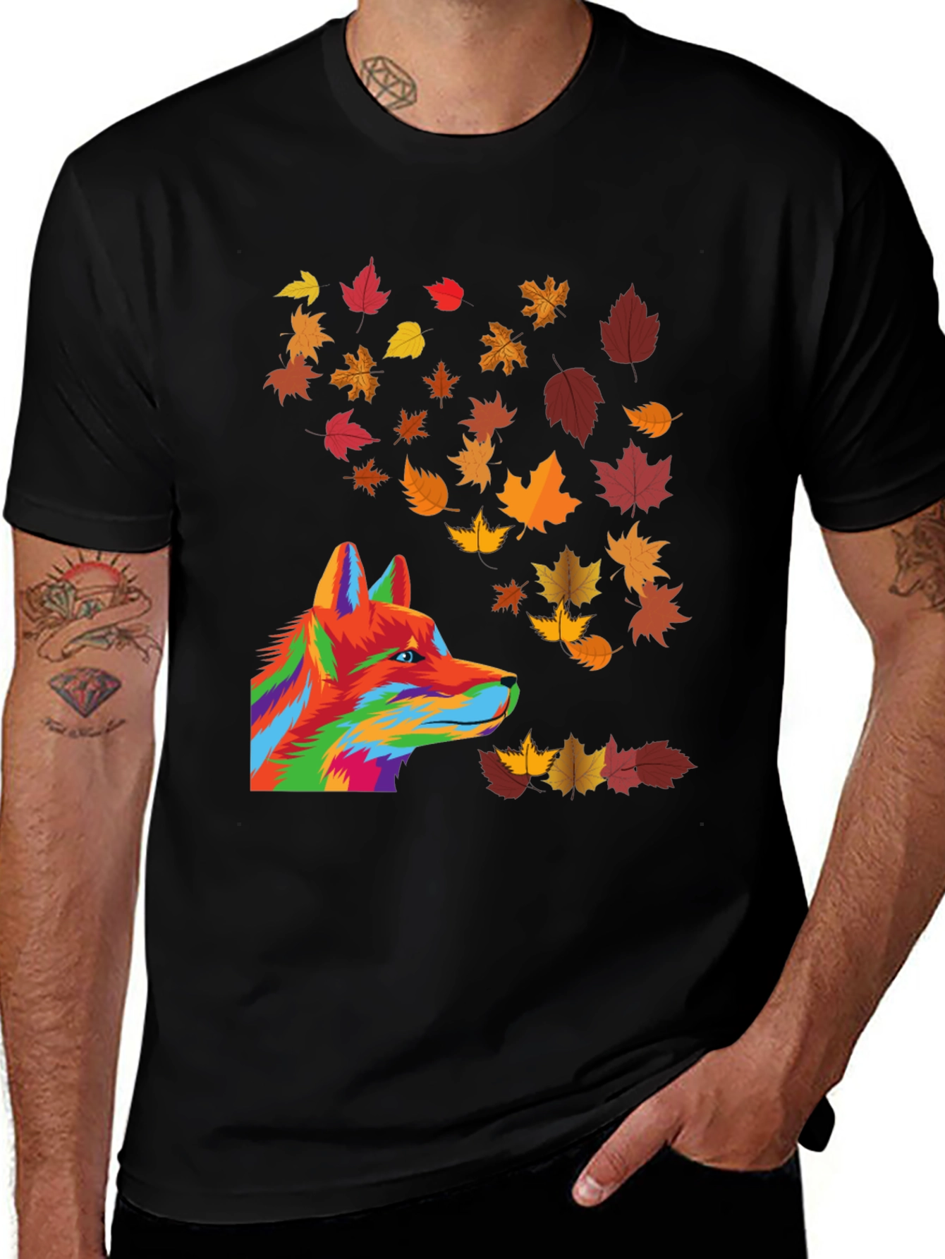 Abstract Fox & Autumn Leaves Graphic T-Shirt