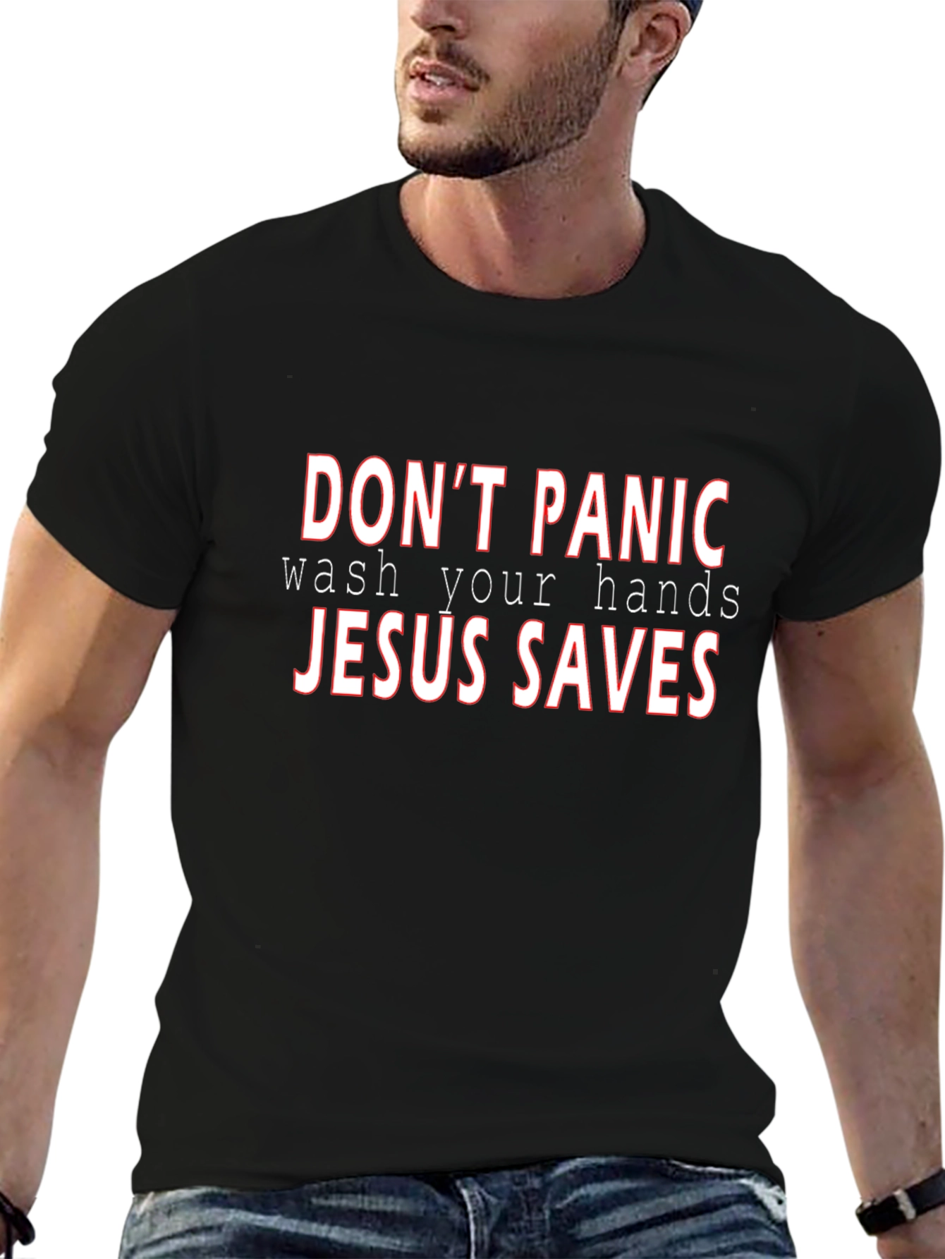 Dont Panic Wash Your Hands Jesus Saves Black T-Shirt