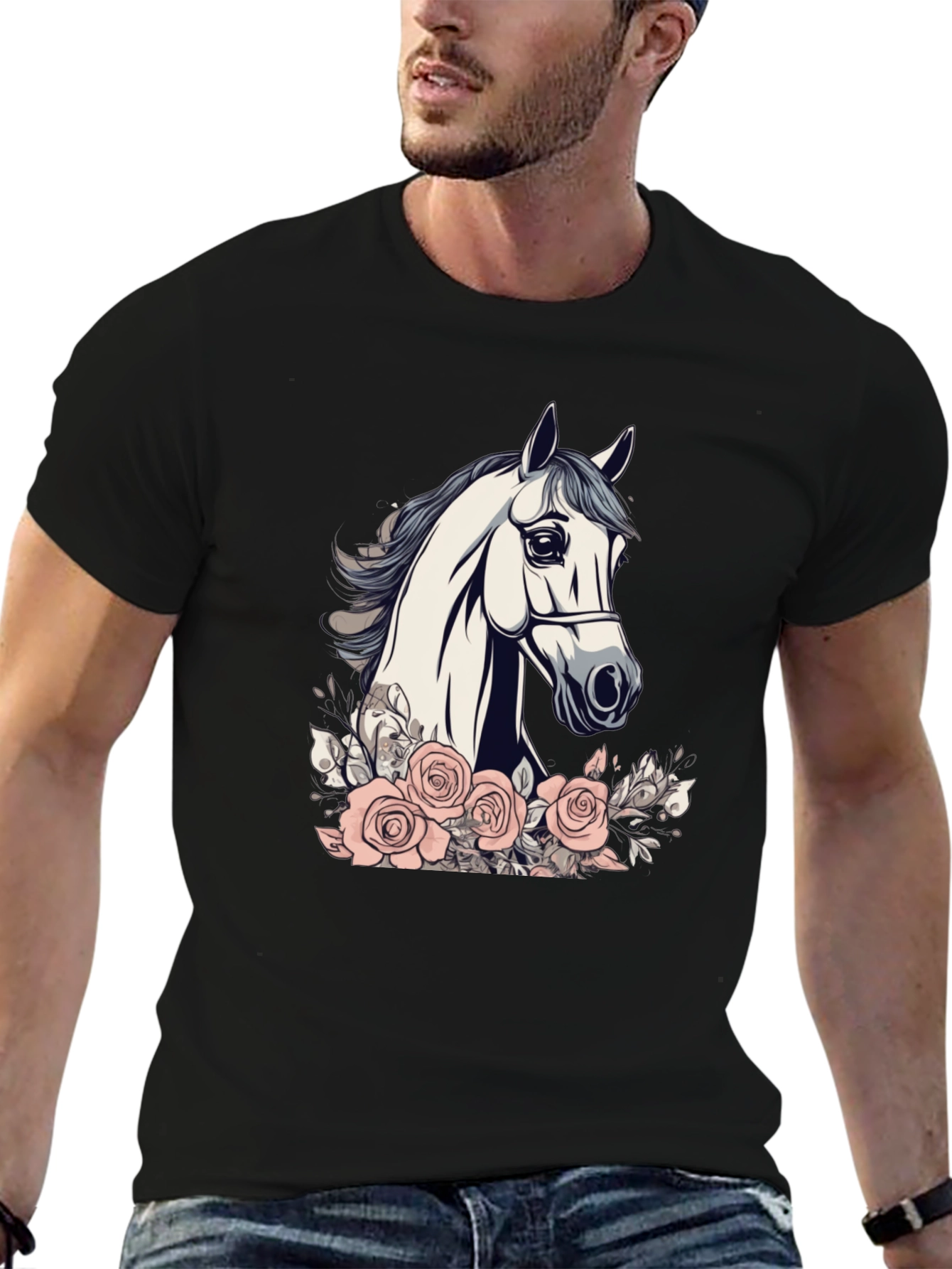 Horse and Roses Graphic Tee - Black