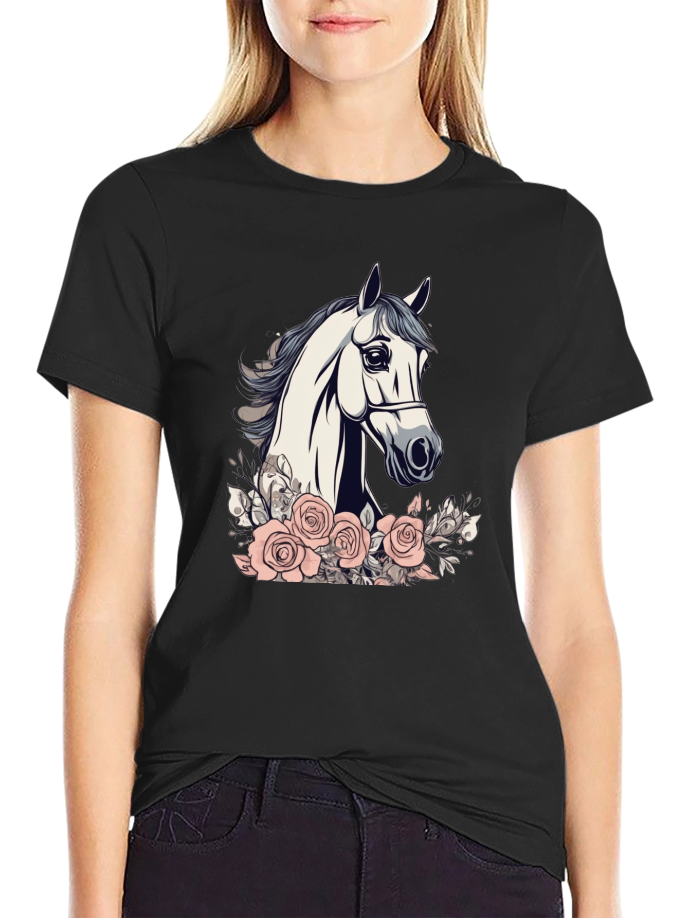 Horse and Roses Graphic Tee - Black