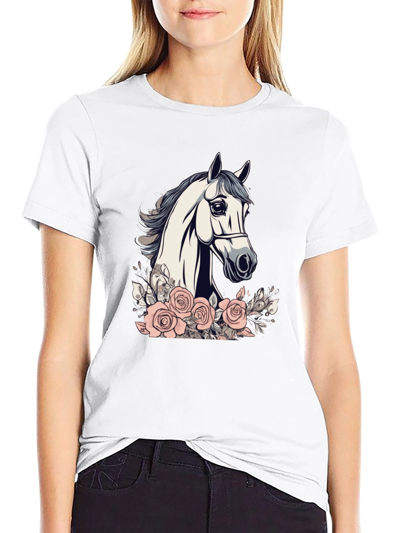 Horse and Roses Graphic Tee - Black