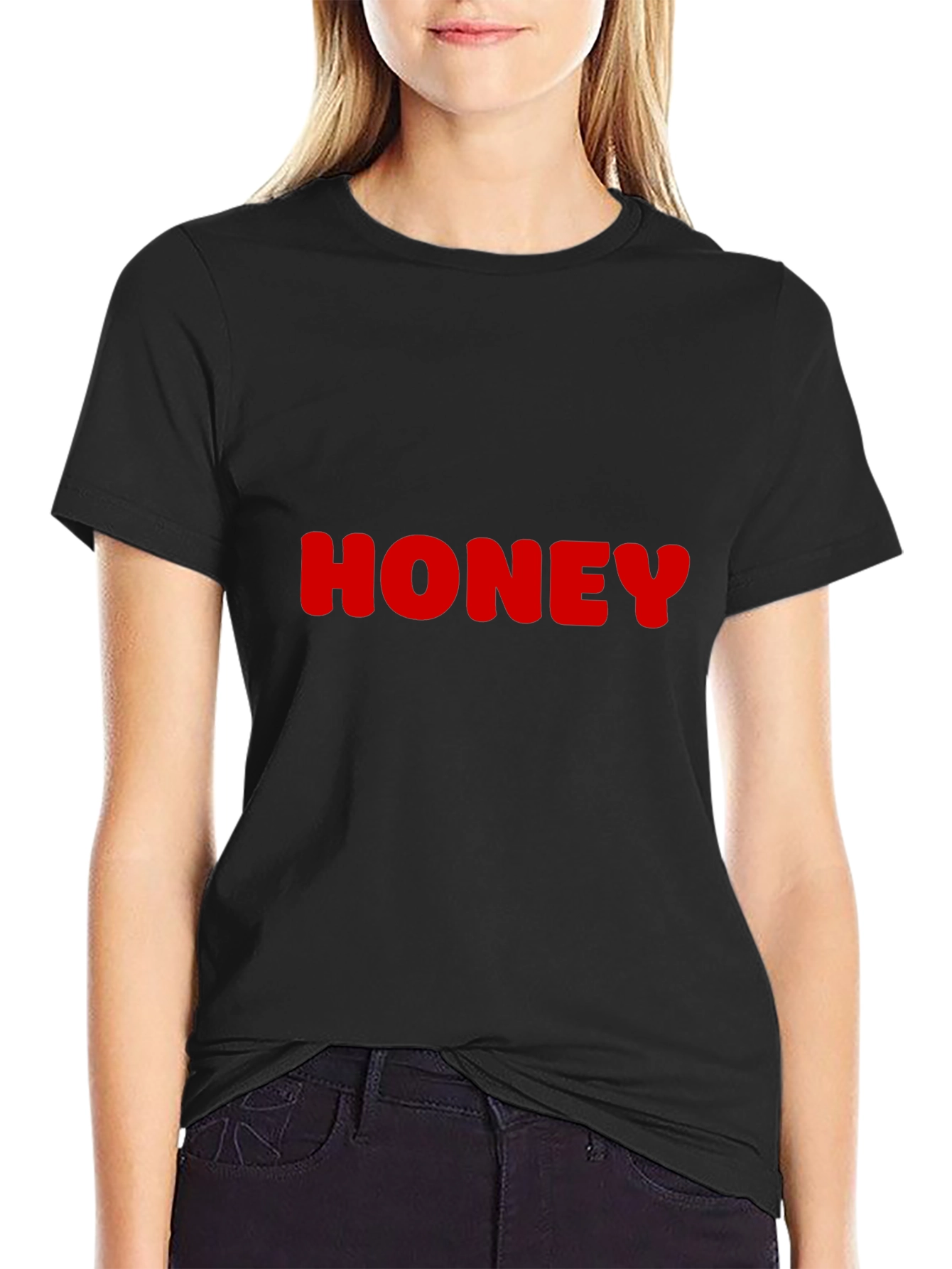 Honey Red Text on Black T-Shirt - Casual Wear