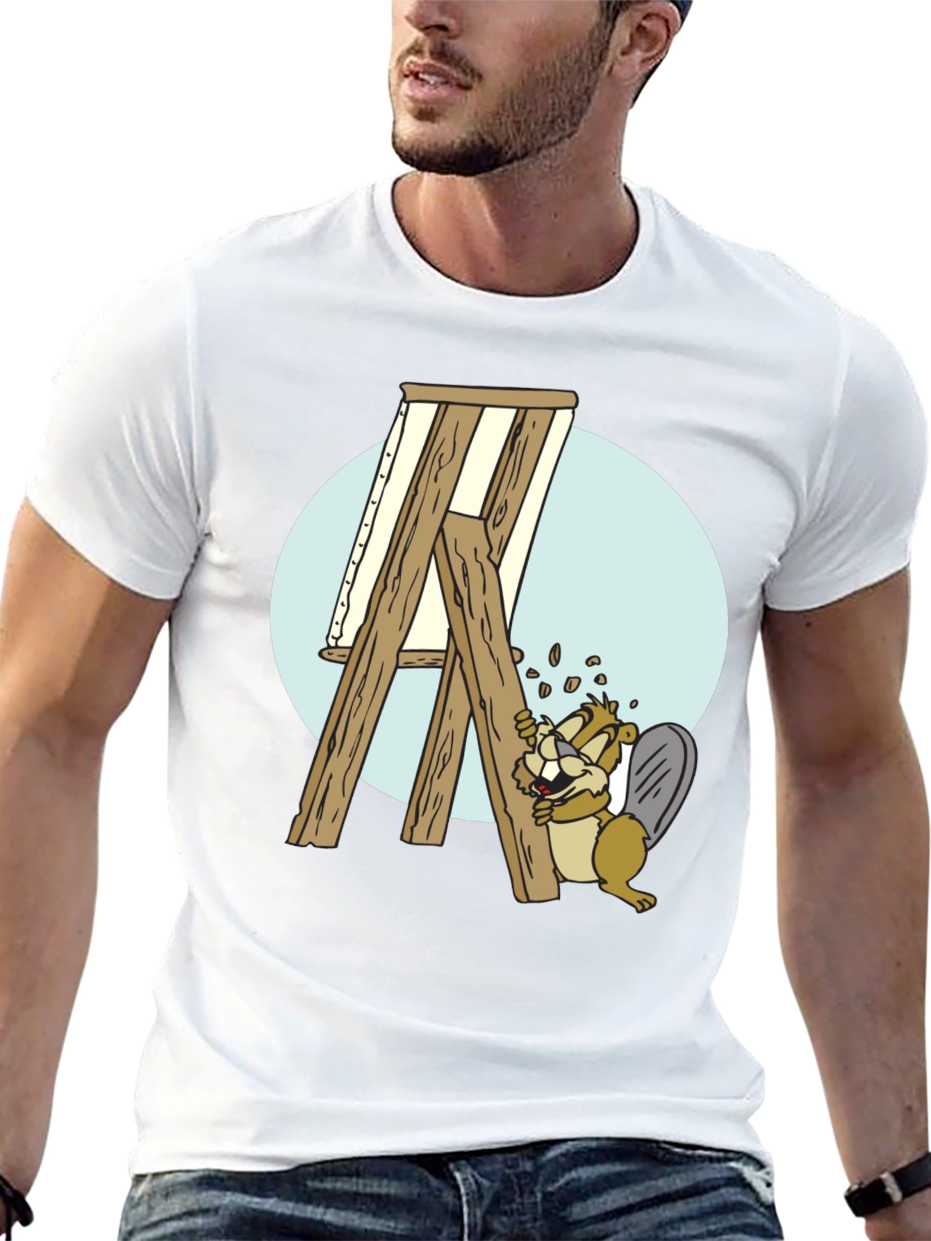 Cartoon Beaver Easel Mens Graphic T-Shirt