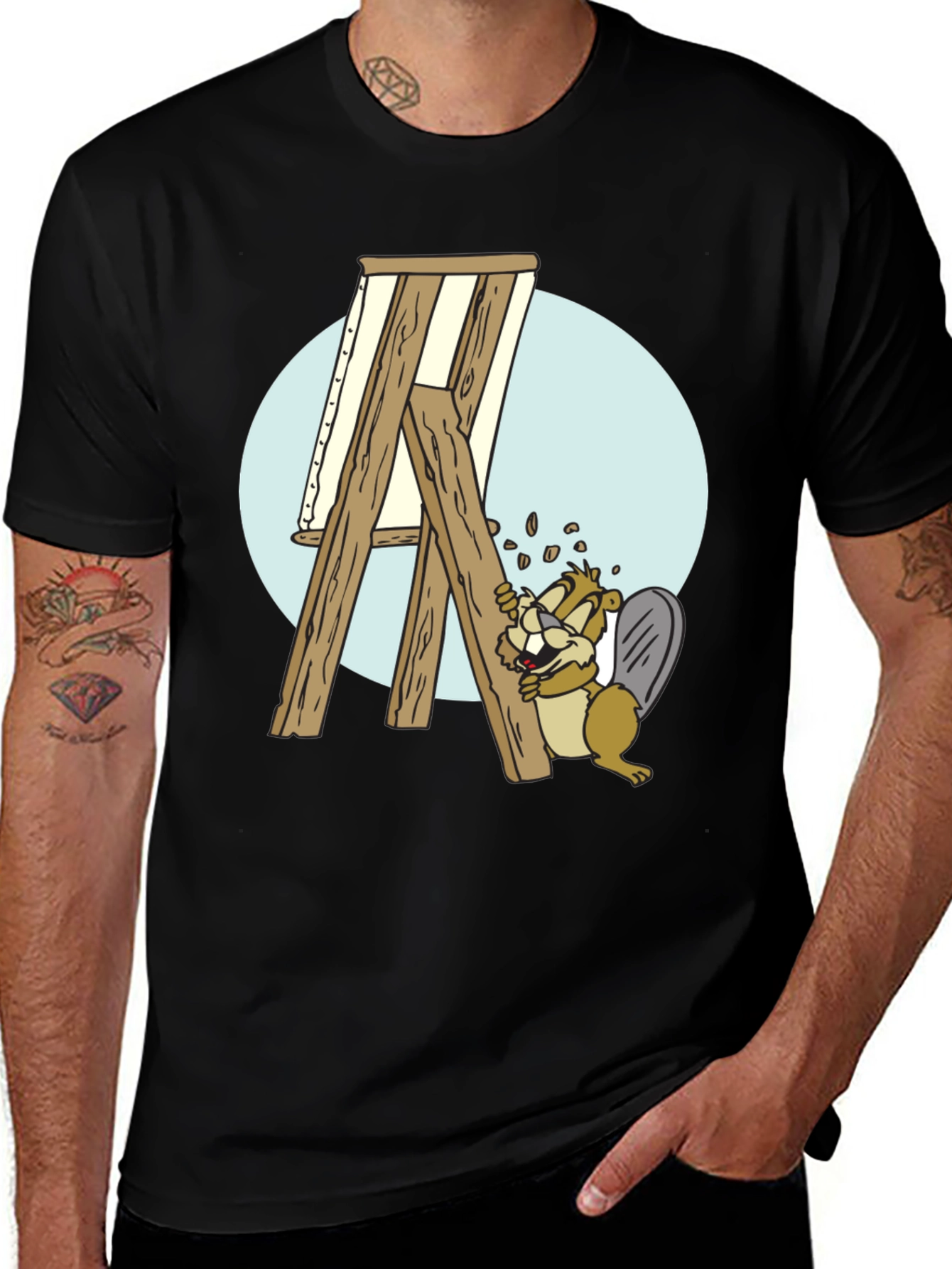 Cartoon Beaver Easel Mens Graphic T-Shirt