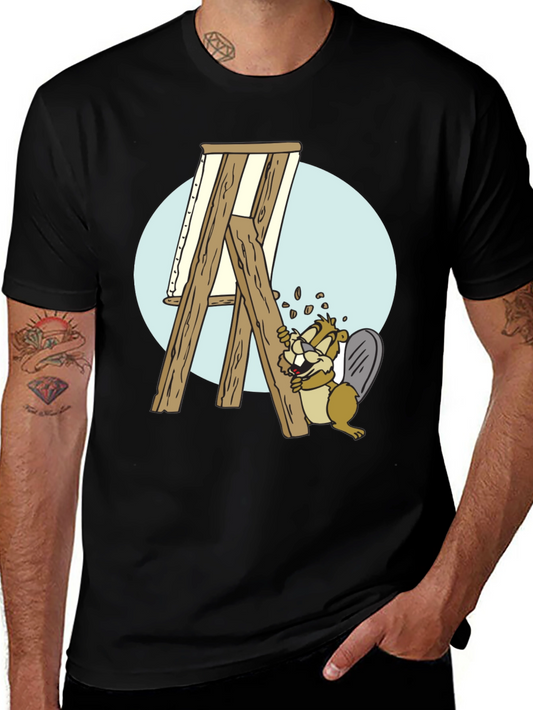 Cartoon Beaver Easel Mens Graphic T-Shirt