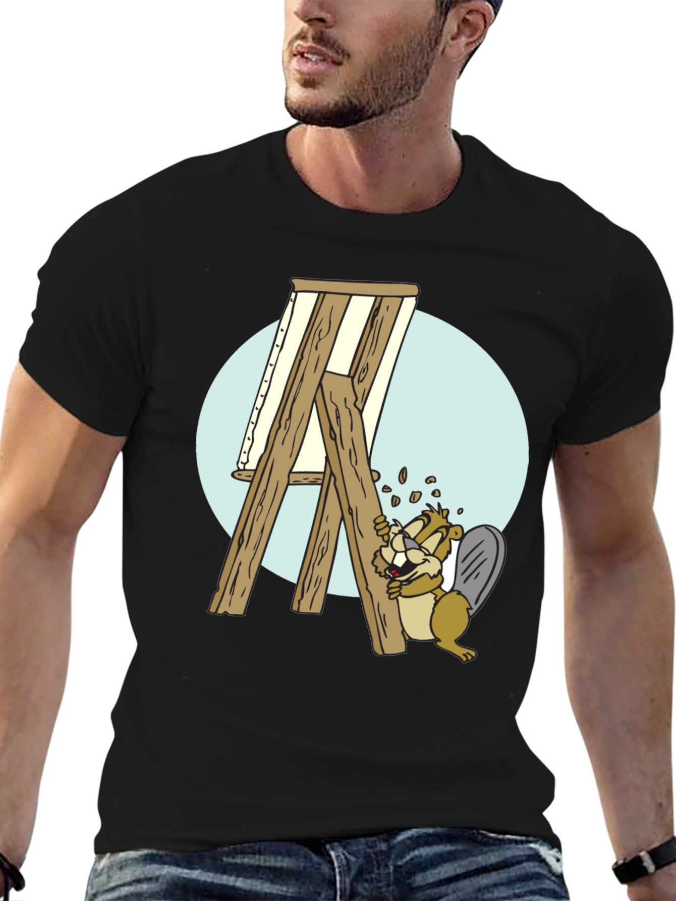 Cartoon Beaver Easel Mens Graphic T-Shirt