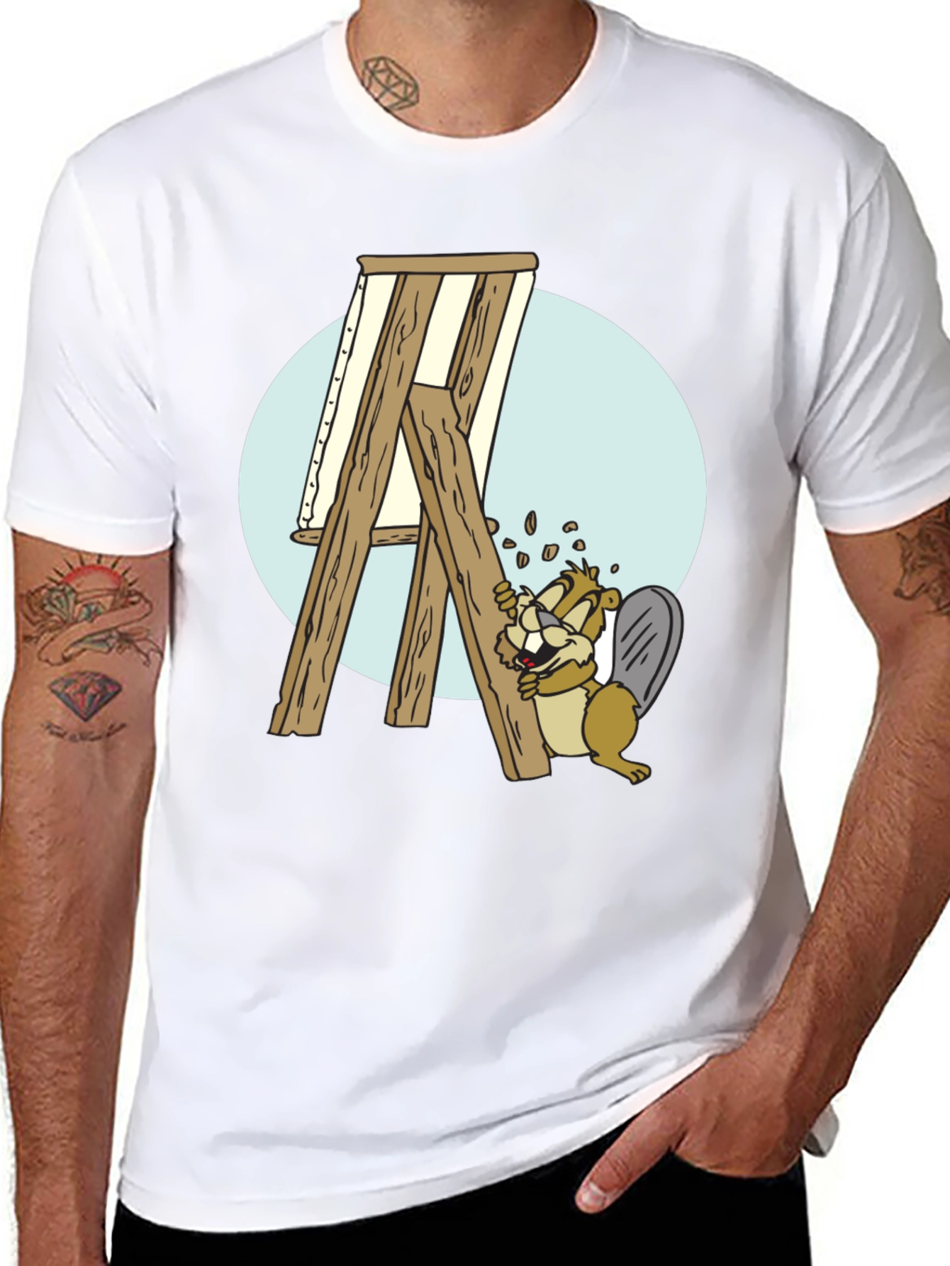 Cartoon Beaver Easel Mens Graphic T-Shirt