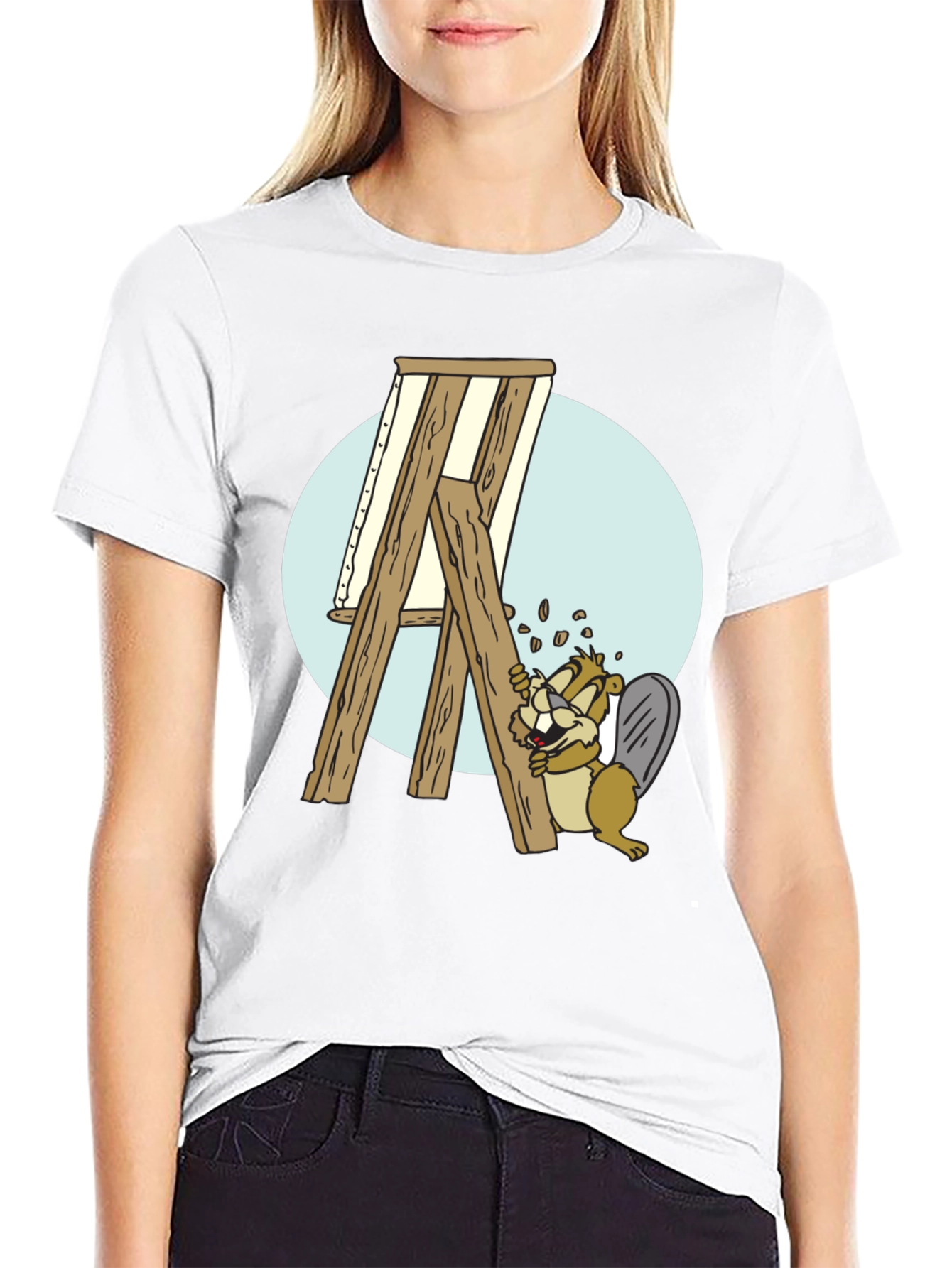 Cartoon Beaver Easel Mens Graphic T-Shirt