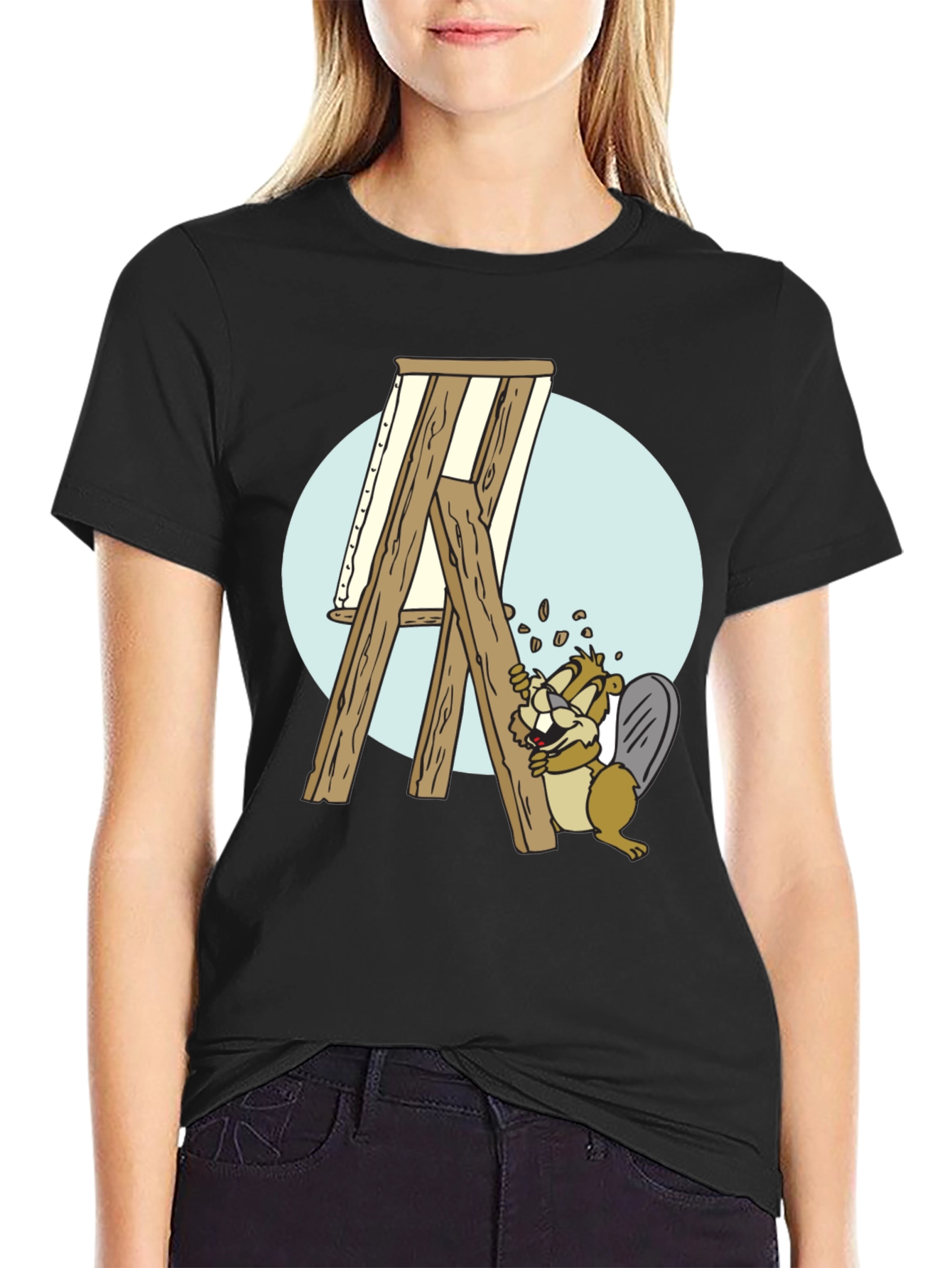 Cartoon Beaver Easel Mens Graphic T-Shirt