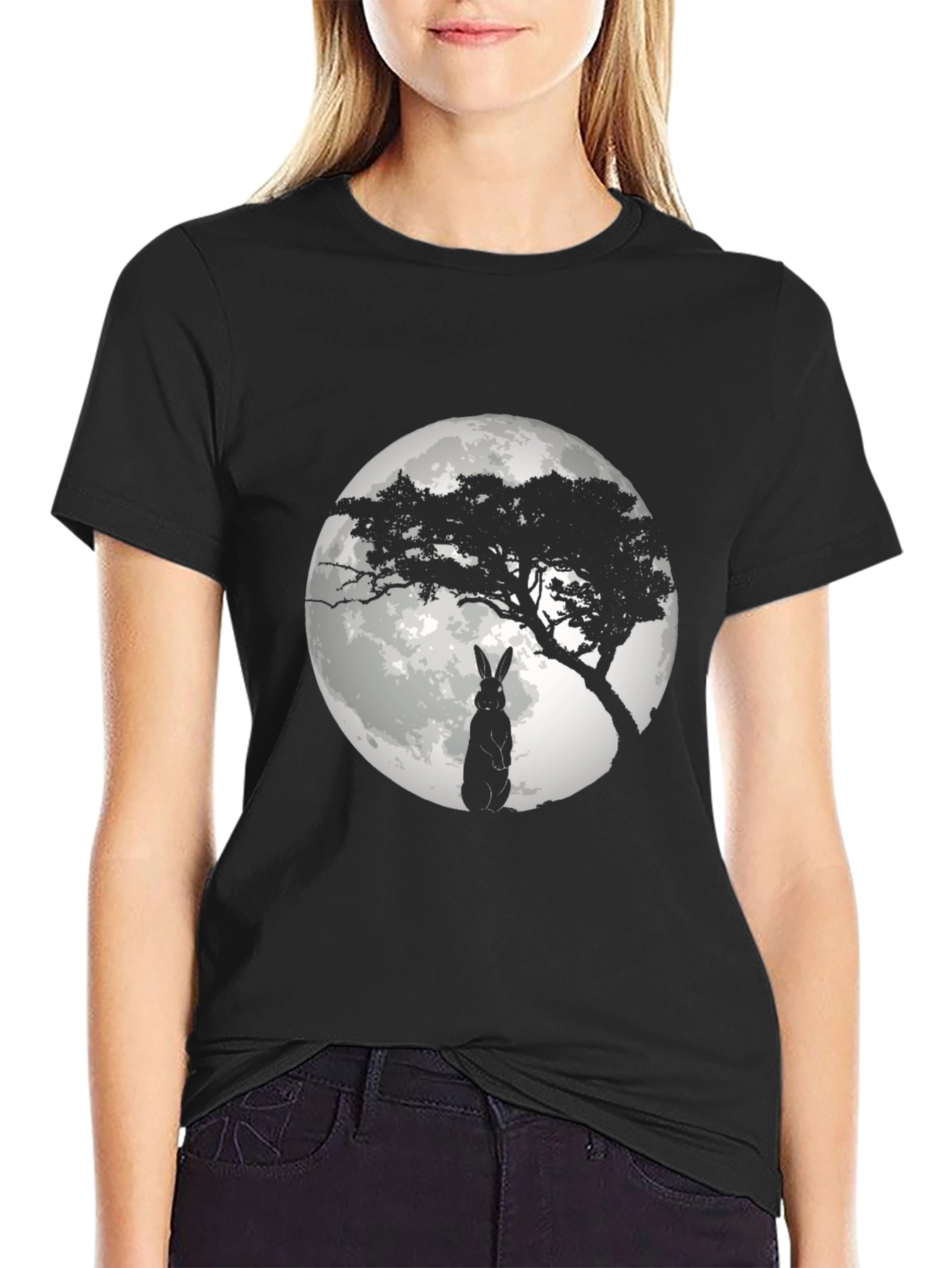 Moonlit Rabbit Graphic T-Shirt - Black Cotton Tee